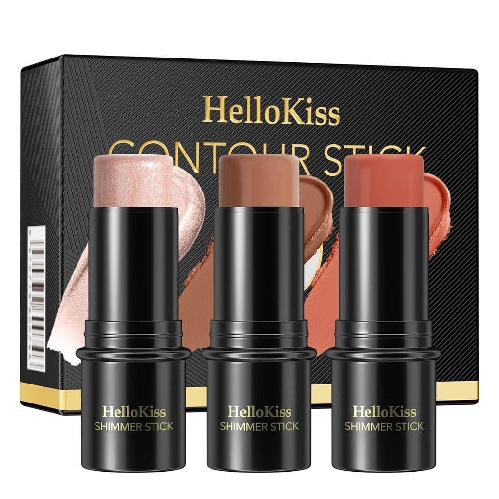 Kit de Maquiagem com 3 Bastões de Contorno em Creme, Tons com Iluminador, Blush e Bronzer para Contorno de Rosto, Lábios