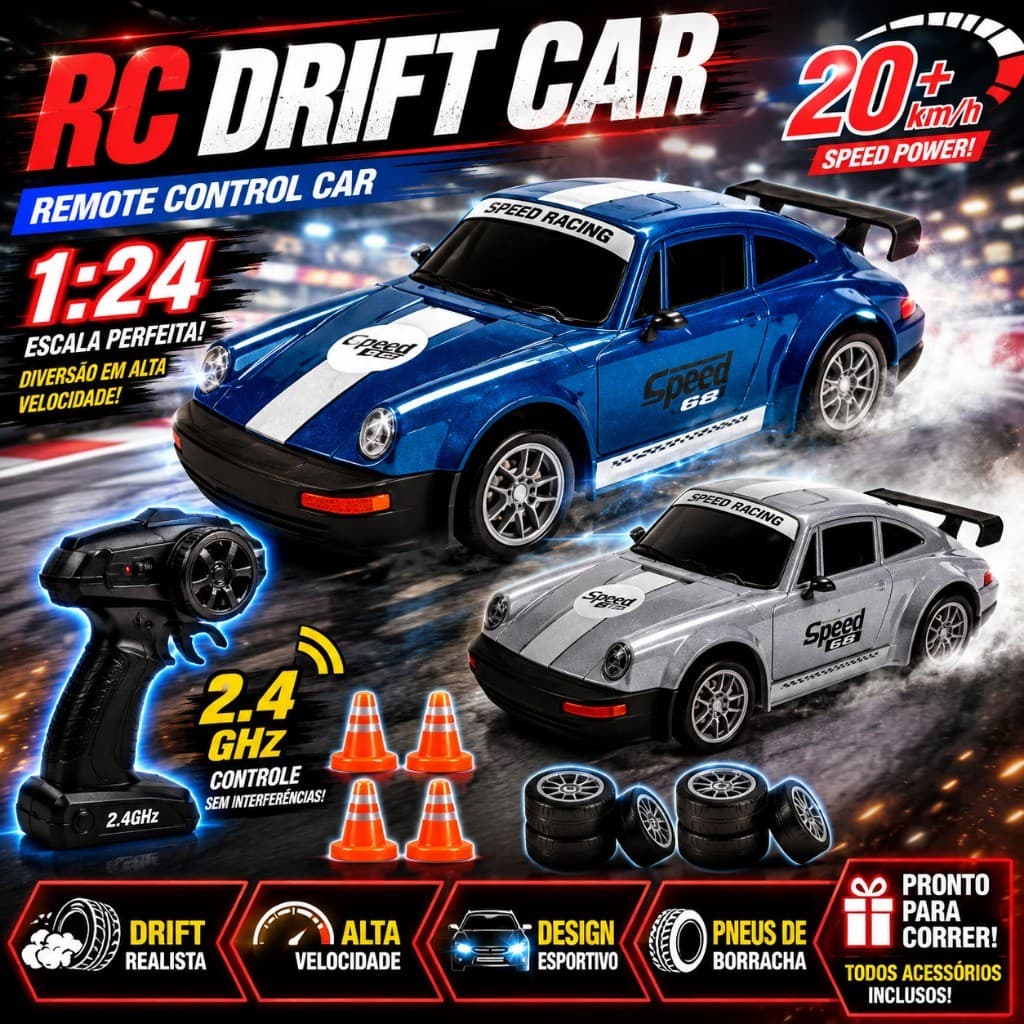 Carro de Controle Remoto 4WD para Drift – Modelo RC 1:24, 2.4GHz, Alta Velocidade de até 20 km/h, com Pneus Extras