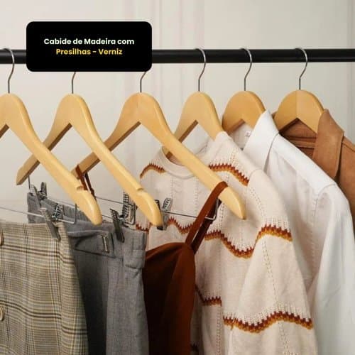 Cabide Madeira Presilhas Organizador Roupas Acabamento Verniz Duravel Resistente