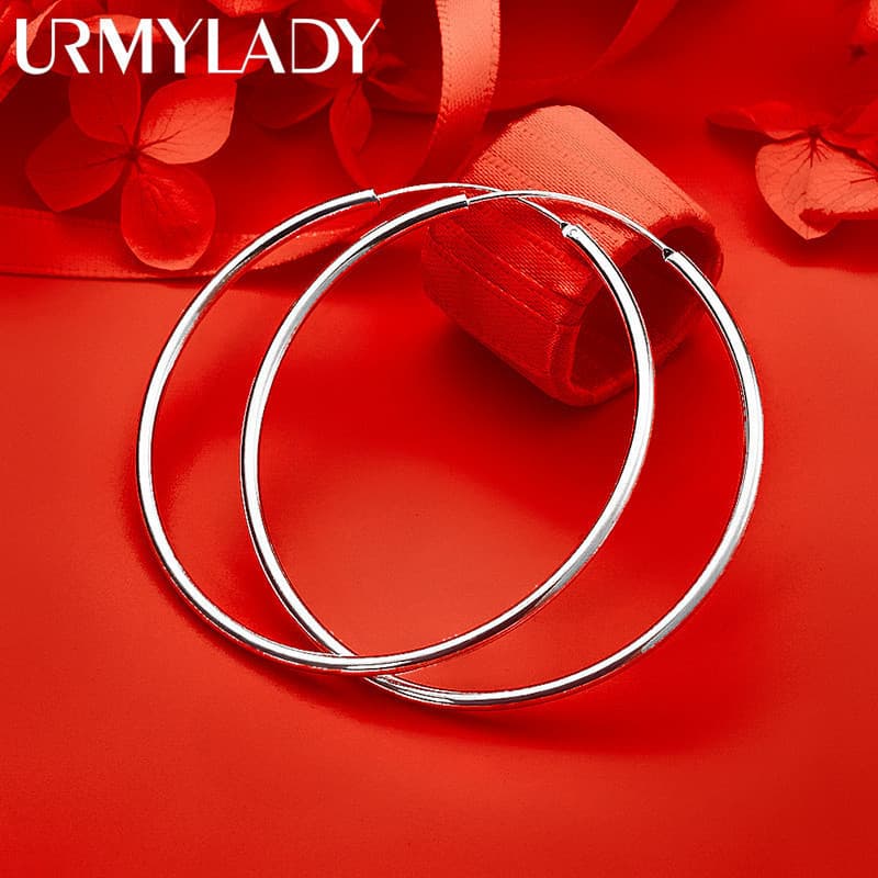 Brincos Finos de Prata Esterlina 925 URMYLADY 50 mm Lisos para Mulheres, Festa de Casamento, Joias Elegantes e Charmosas
