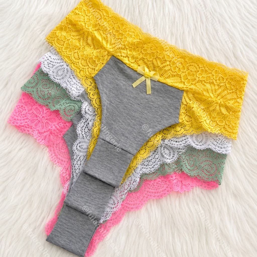 Kit 3 Calcinhas de Renda Sensual Cós Alto e Confortável Shortinho - Amora