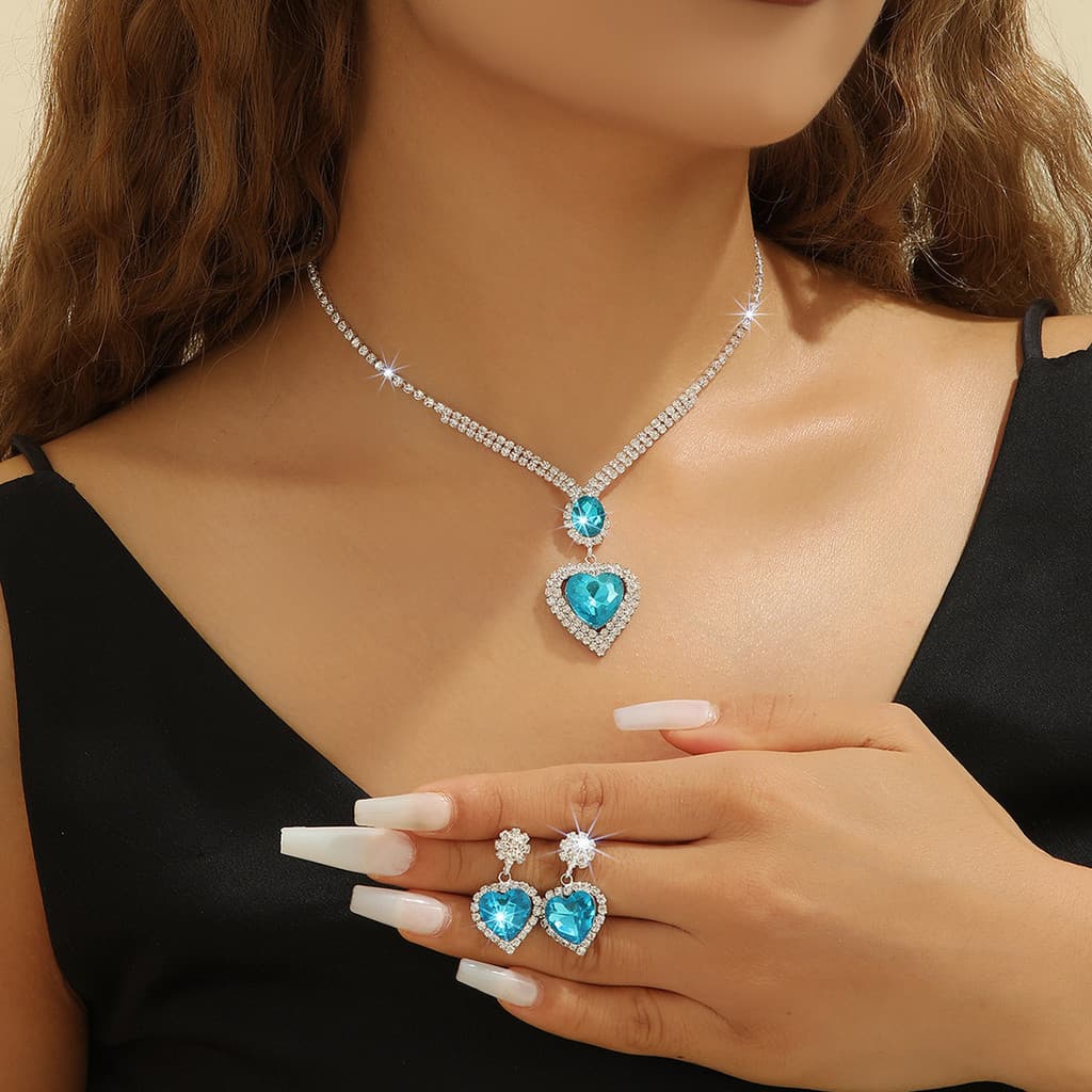 Moda temperamento atmosférico elegante pêssego coração gota de água pingente colar brinco conjunto