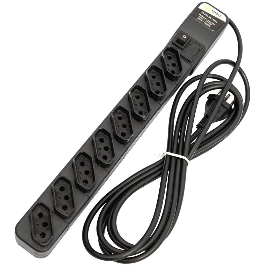 Filtro de Linha 8 Tomadas 3P 12A Cabo 3m Bivolt Fusível de Proteção Liga/Desliga ABS Antichamas IPEC