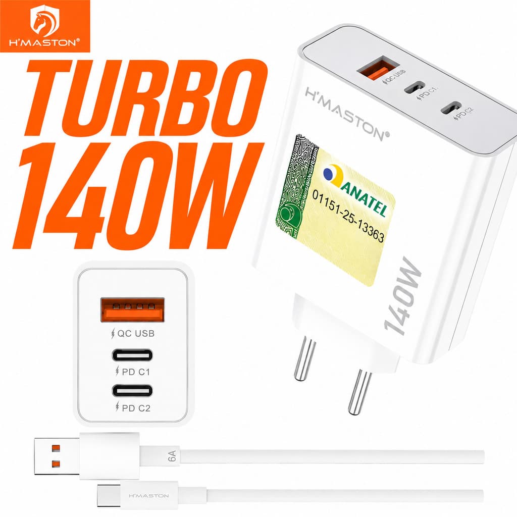 Carregador Turbo Hmaston  Y74-3 Fonte 140w Usb/2usb-c +cabo Tipo-c 6a