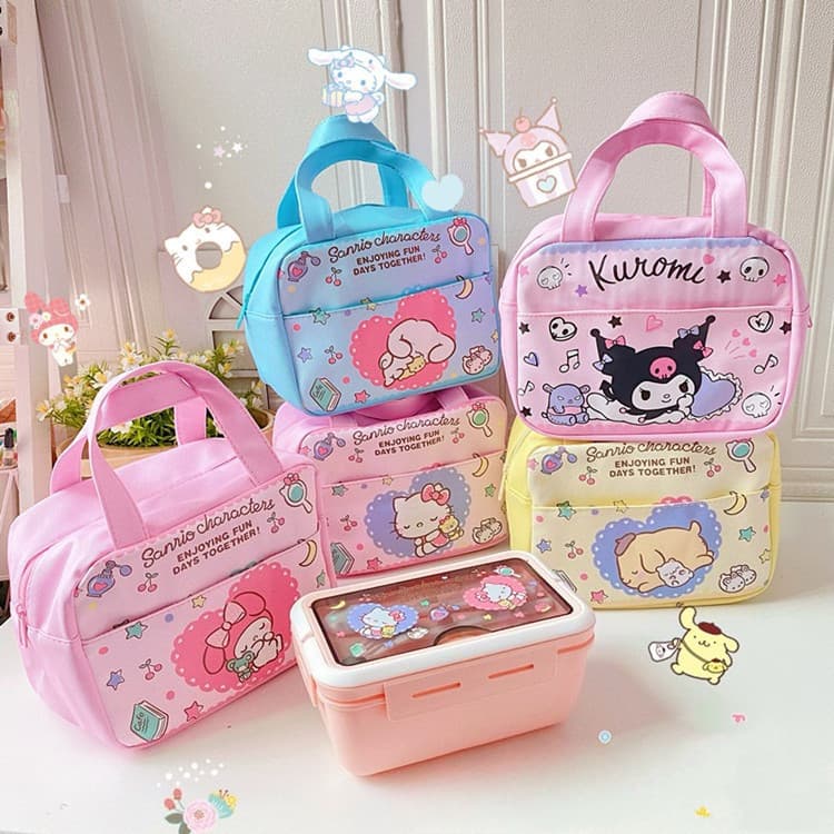 Lancheira Isolada Kawaii Kuromi-Porta-Alimentos Dobrável Em Couro PU E Folha (Estilo Japonês)