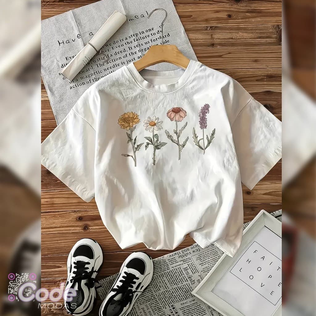 Camisa Camiseta T-Shirt Flores Crisântemo Estilo Vintage Algodão Aesthetic