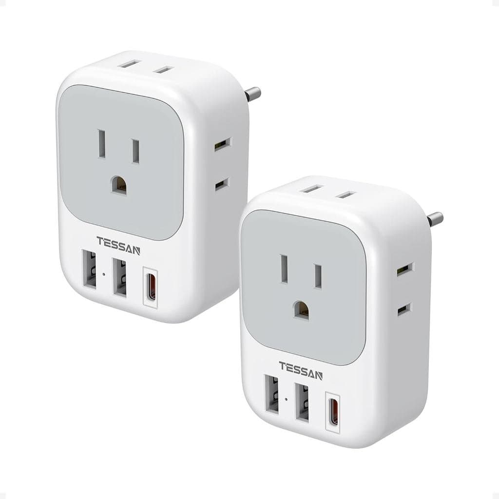 Adaptador De Plugue De Viagem Europeu TESSAN 2 Pacotes , Conversor De Energia 4 Tomadas 3 USB (1 C PD 20W) , Internacion