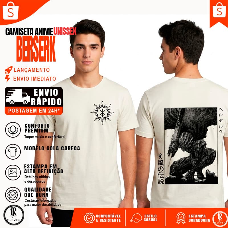 Camiseta Anime Berserk Marca Sacrificio Guts Estampa Frente E Costas Camiseta 100% Algodão 30.1 Envio Imediato