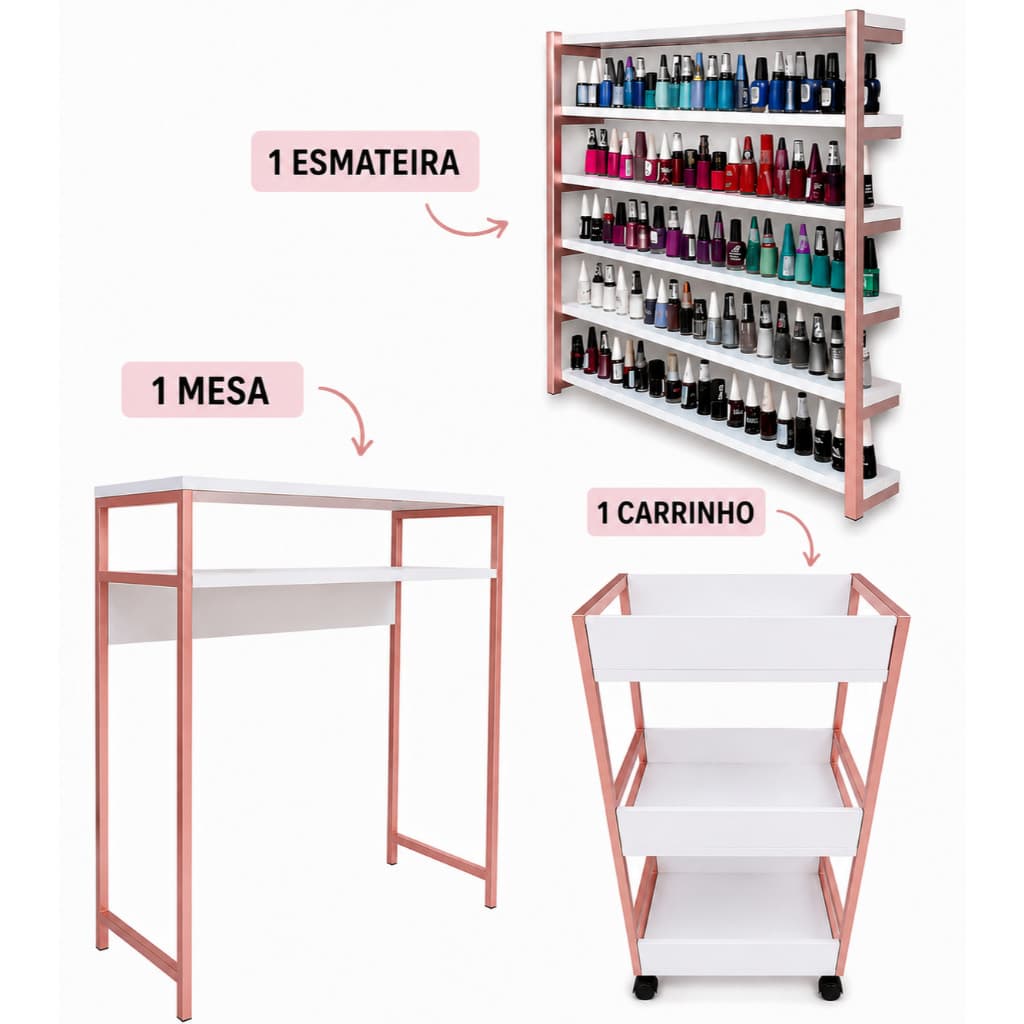 Kit Carrinho Auxiliar + Mesa Manicure + Expositor para Esmaltes Premium