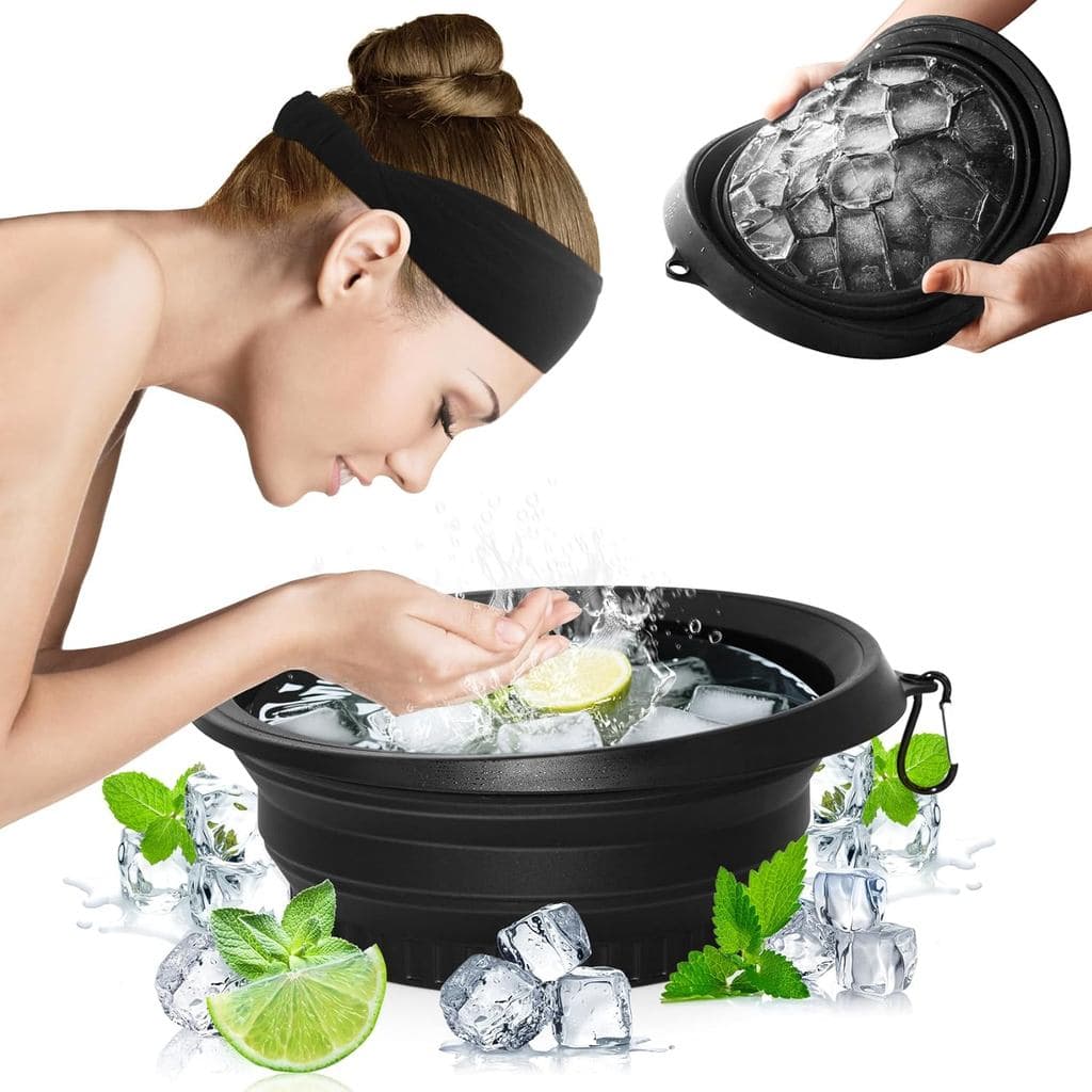 Tigela de Gelo Dobrável com Bandeja de Gelo Integrada – Banho Facial de Gelo em Silicone para Redução de Poros, Aumento