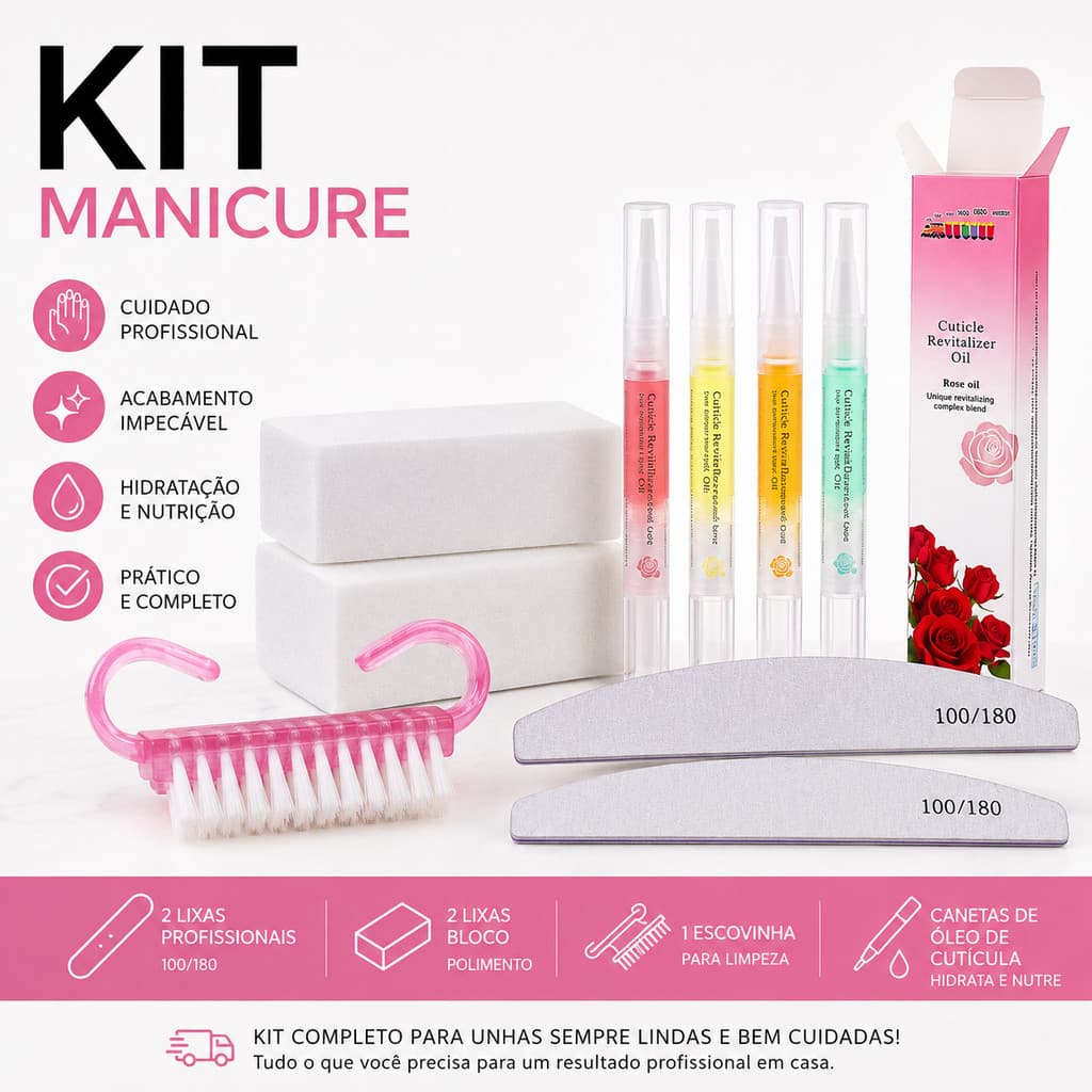 KIT MANICURE PROFISSIONAL LIXA BLOCO PLIDOR LAVÁVEL ESCOVINHA CANETA ÓLEO CUTÍCULA TIPS ALONGAMNETO GEL ACRIGEL FIBRA