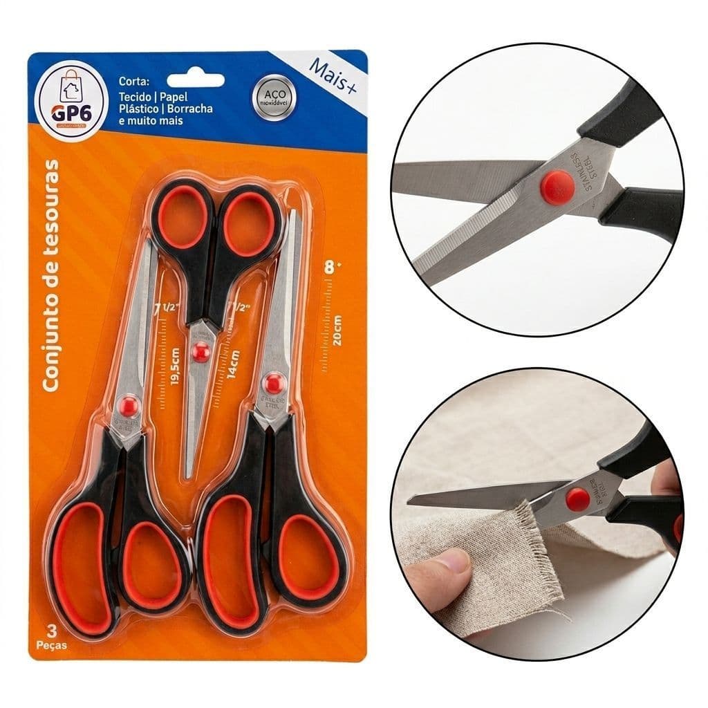 Kit Conjunto 3 Tesouras Profissionais GP6 Aço Inoxidável Multiuso Corte Preciso