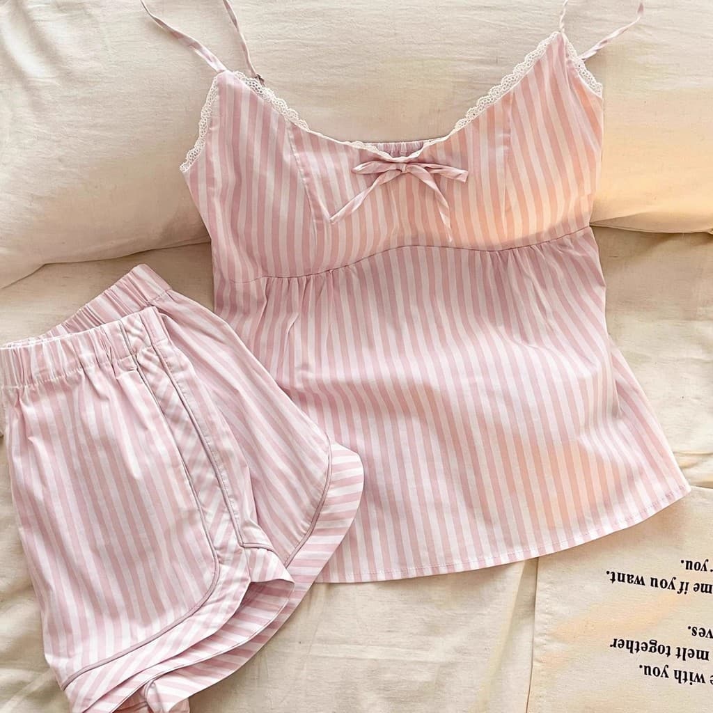 Rosa doce menina listrado arco pijamas conjunto feminino verão com almofadas no peito estilingue Shorts Loungewear