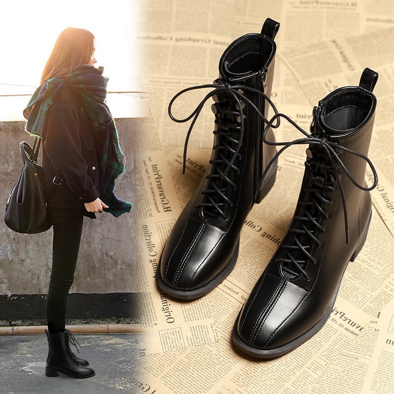 Botas curtas femininas de outono e inverno, botas de cano médio, botas Martin com cadarço, botas slim versáteis de estil