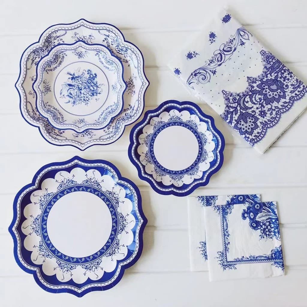 Estilo chinês azul branco porcelana placa de papel descartável engrossado festa de aniversário prato de frutas piqueniqu