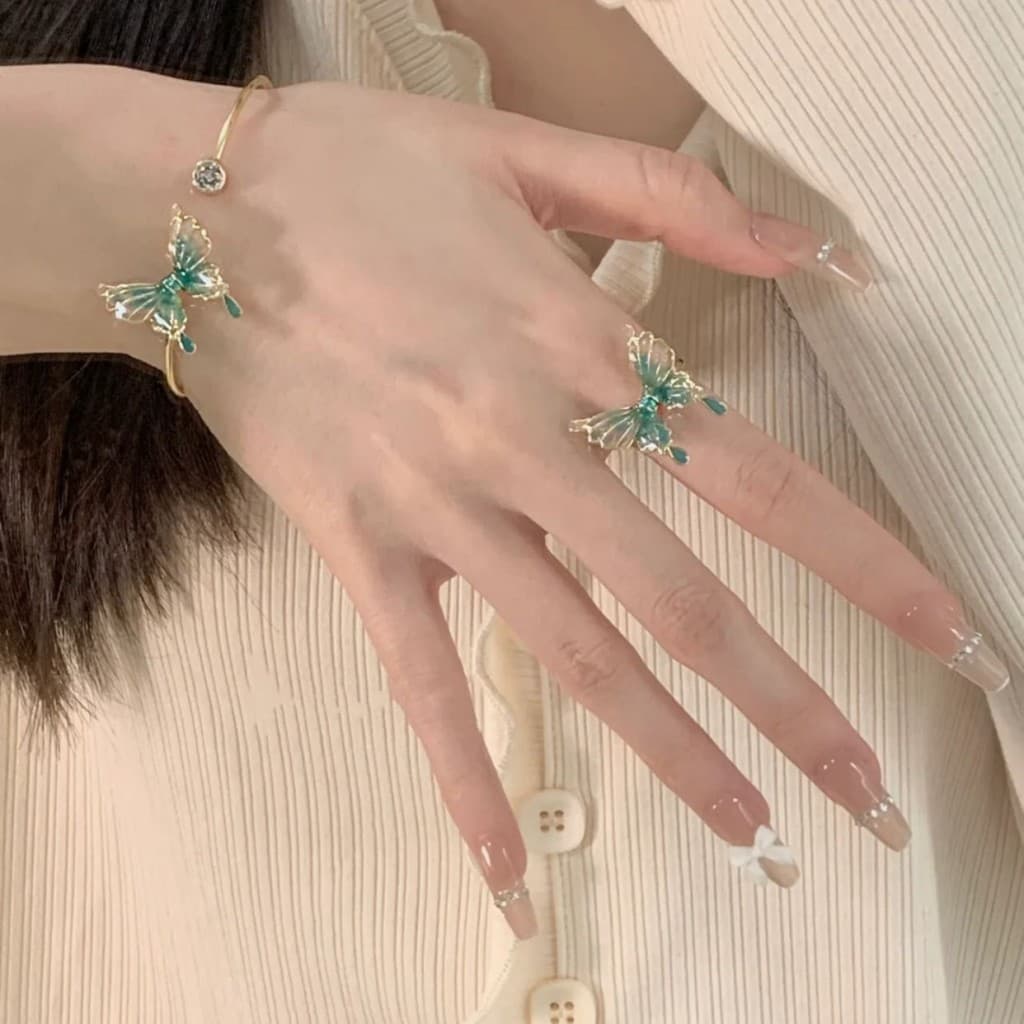 Pulseira Borboleta Cauda Verde-Tendência Nacional Chinesa Anel Aberto Acessório De Moda Feminina