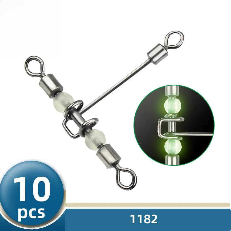 10 peças de giradores de pesca luminosos em forma de T com 3 vias, com contas de pérola, conectores para anzóis de pesca