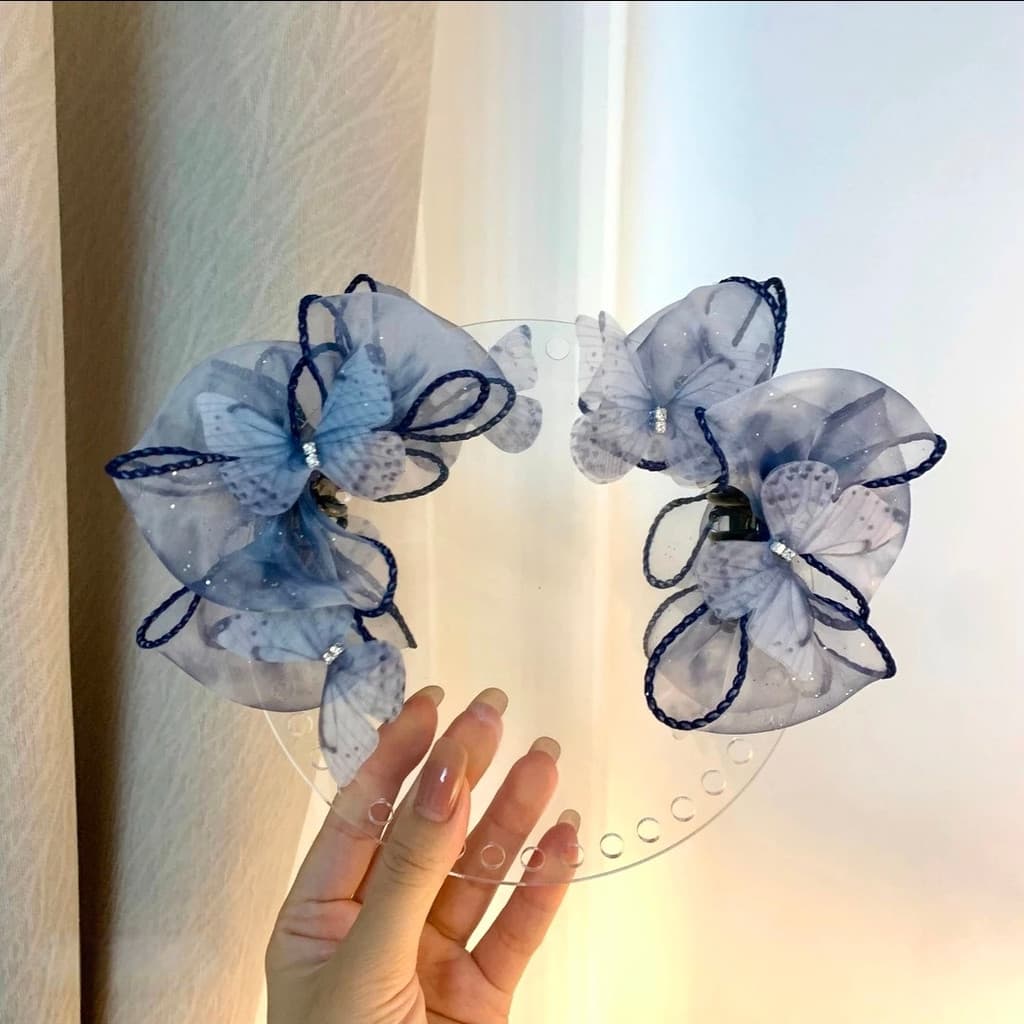 [Porcelana branca azul] Grampo de cabelo quebrado estilo Mori 7cm luz luxo High-End inteligente borboleta Net gaze Ultra