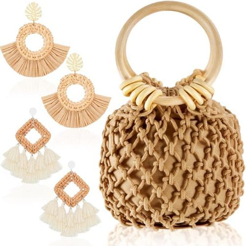 Sweetude Mini Bolsa Embreagem 2 Pares Brincos De Rattan Para Mulheres Crossbody Boêmia Balde De