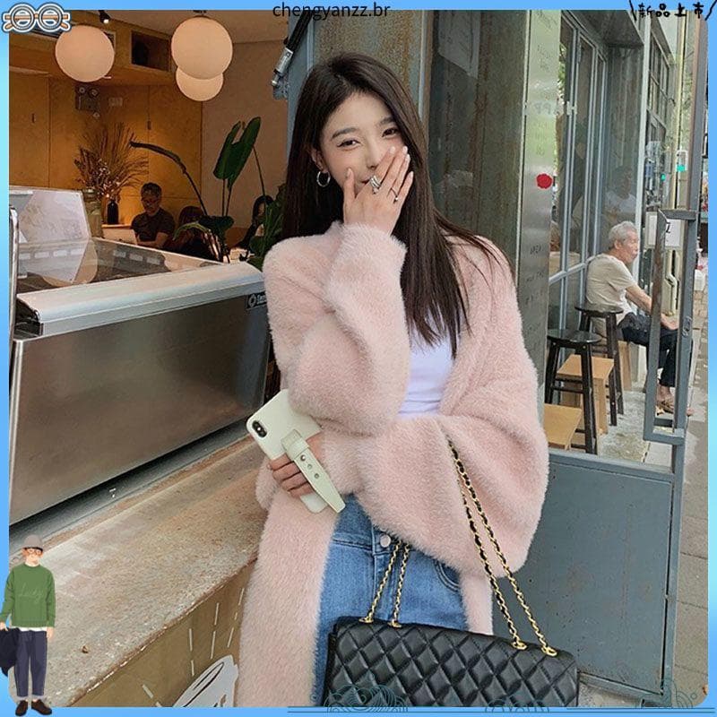 Puro desejo estilo meados de comprimento outono inverno vison velo camisola Cardigan feminino solto All-Match preguiçoso