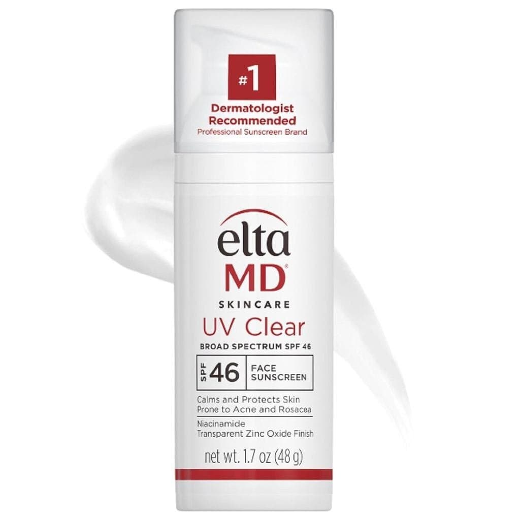 EltaMD UV Clear Protetor Solar Facial FPS 46 é um produto sem óleo que contém óxido de zinco e é recomendado pela der 8E
