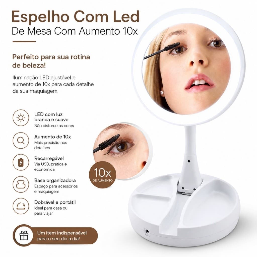 Espelho Com Led De Mesa Com Aumento 10x Led Luz Dobravel Maquiagem Usb Organizador Beleza