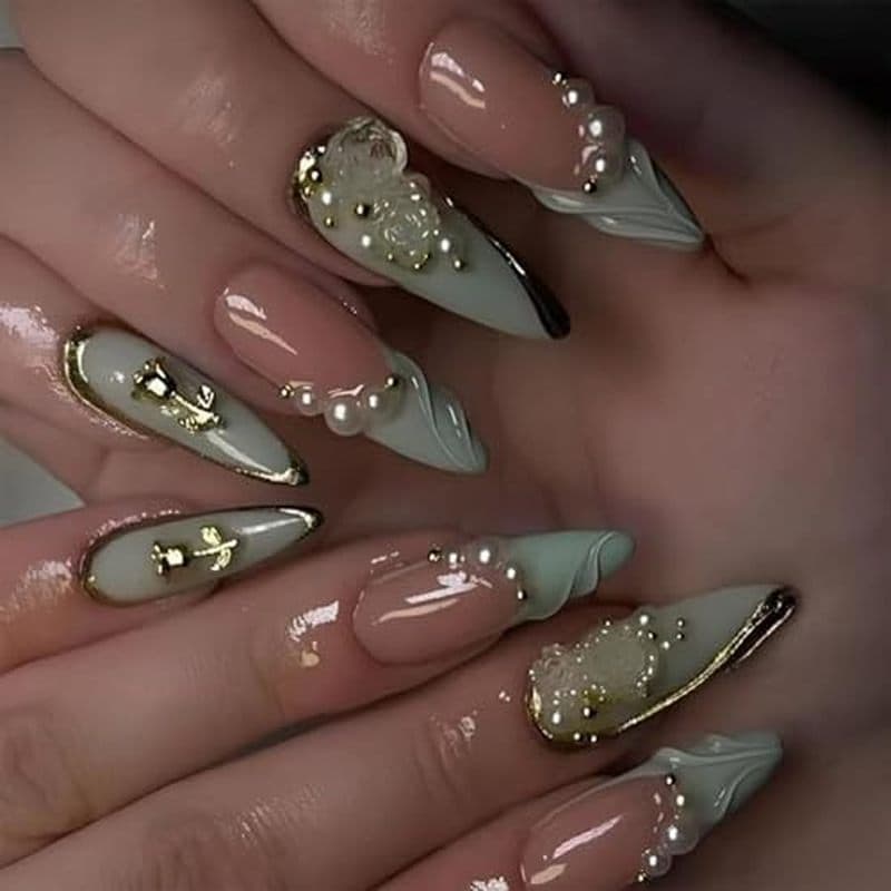SINHOT Stiletto Press on Nails Unhas Falsas Longas-Verdes Cola Brilhante Em 3D Rosa Acrílico Suprimentos Para Pérolas Br