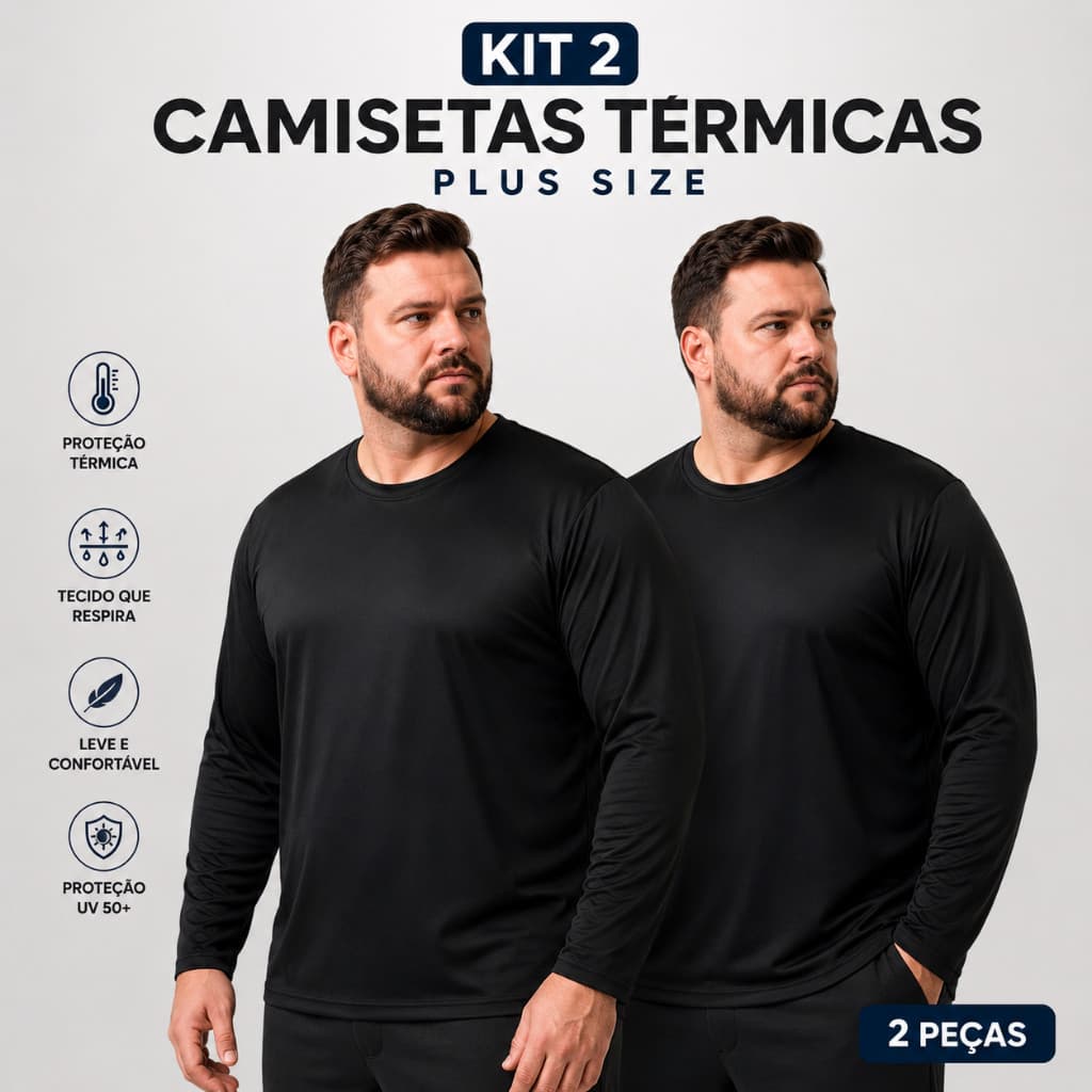 KIT 2 Camisetas Térmicas Plus Size Masculina Manga Longa Corrida Proteção UV Inverno Frio Confortável