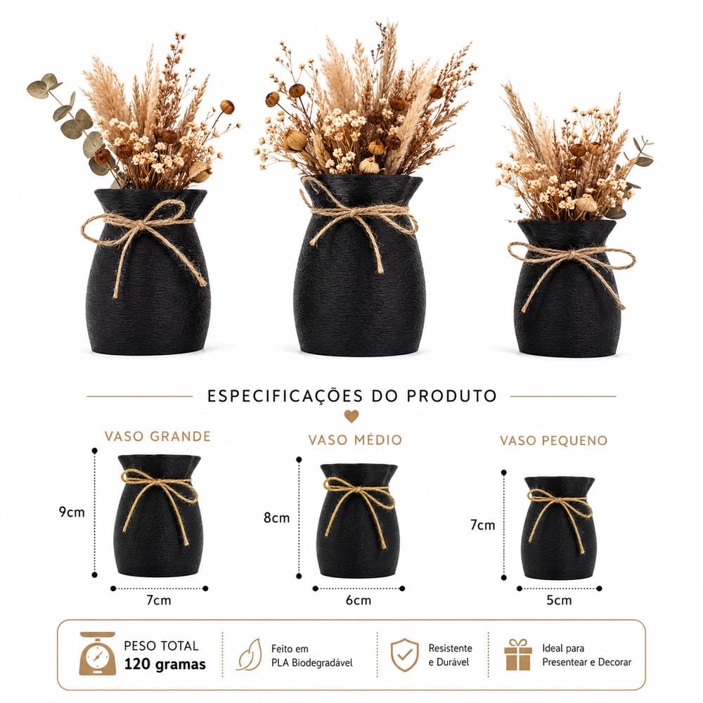 Kit 3 Vasos Saco Tall Decoração Sem Planta Enfeite Decoração com Laço Para Plantas Artificiais
