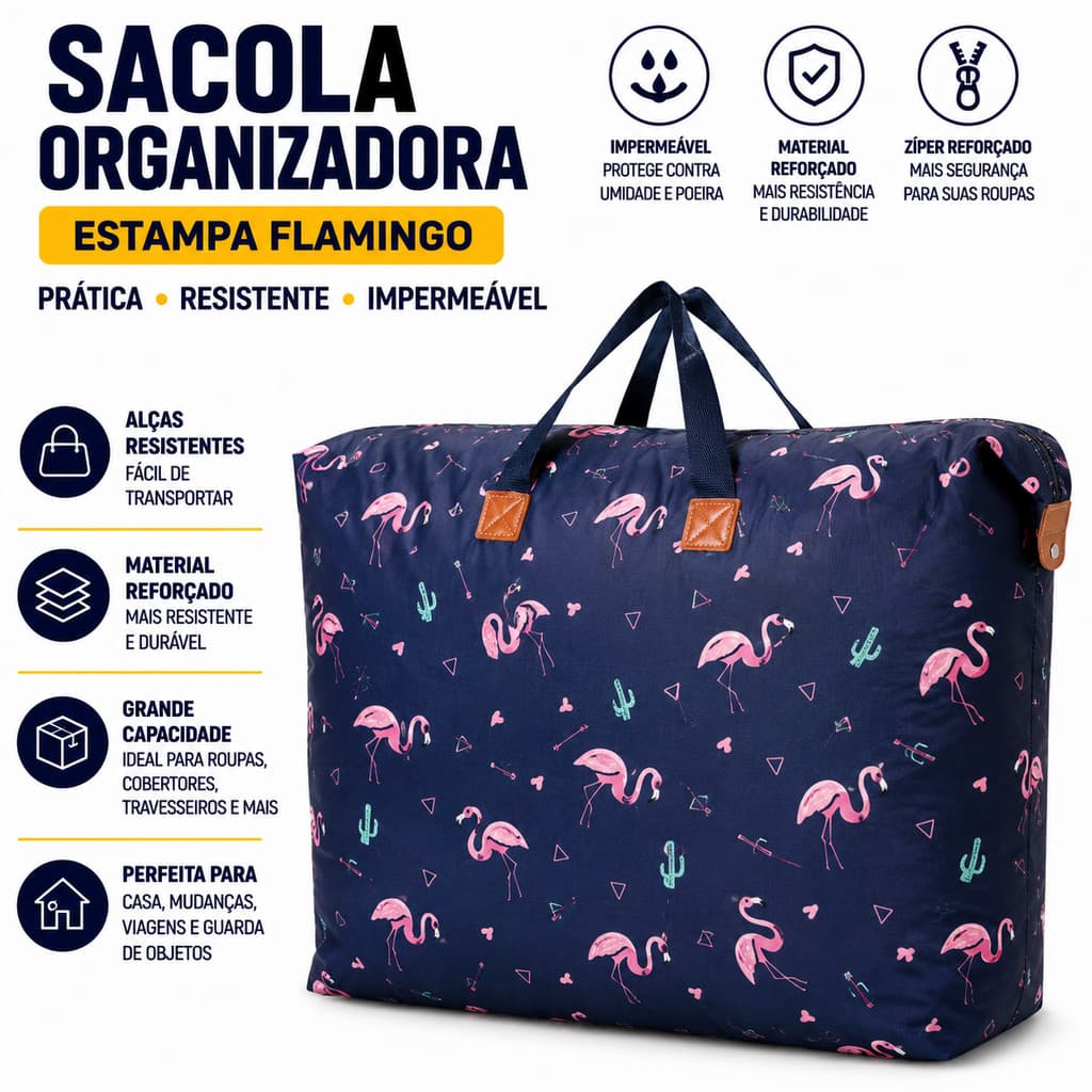 Bolsa Sacola de Armazenamento E Organizador - Tecido Resistente Estampa Flamingo