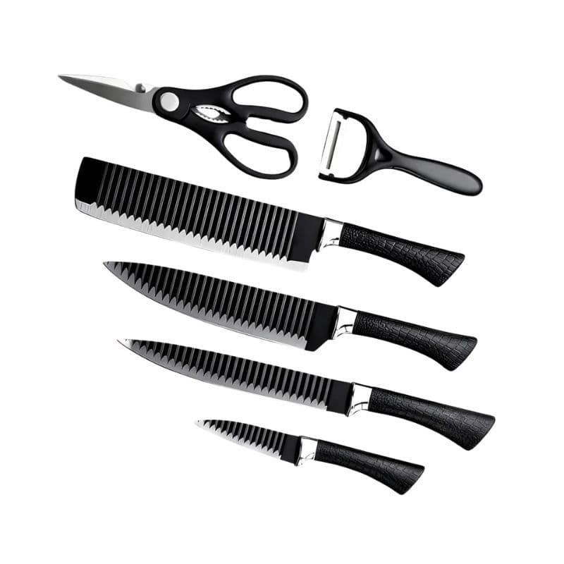 Kit Facas 6 Peças Frisadas Preta com Descascador e Tesoura