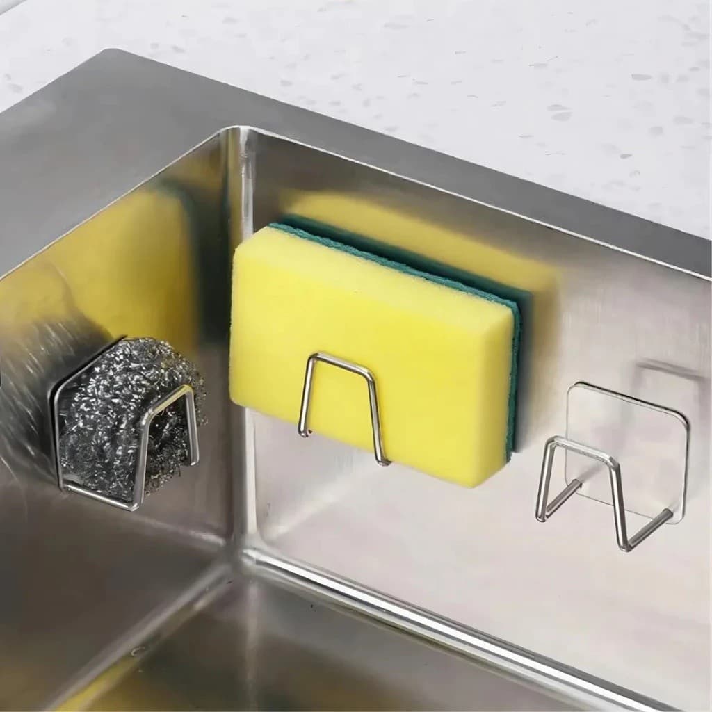 Kit com 4/6 Suportes Adesivos de Inox Multiuso para Esponjas e Utensílios – Prata