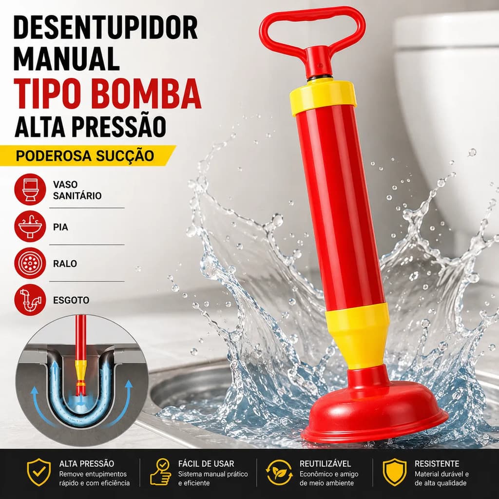 Desentupidor Manual Bomba Alta Pressão Para Pia Vaso Esgoto