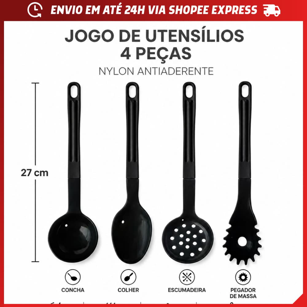Kit Utensílios de Cozinha Antiaderente 4 Peças Colher Escumadeira Concha Pegador Nylon 27cm