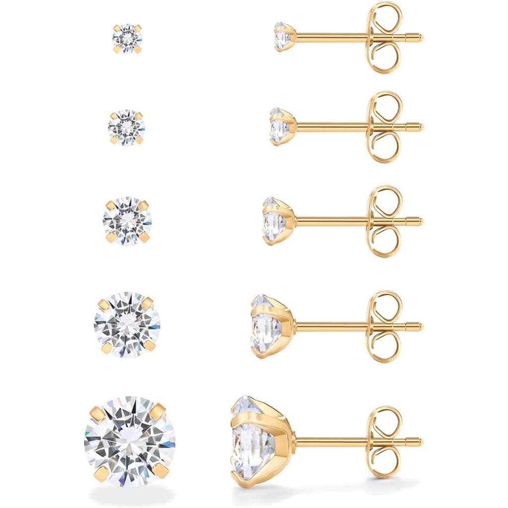 Conjunto de Brincos Femininos PAVOI em Aço Inoxidável Banhado a Ouro 14K com Cinco Pares |   Conjunto de brincos hipoale
