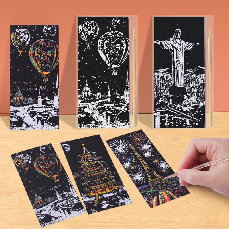 Conjunto De Arte De Arranhões Noturnos Da Cidade Do Arco-Íris , Kit De Doodle E Artesanato DIY Para Crianças , Atividade