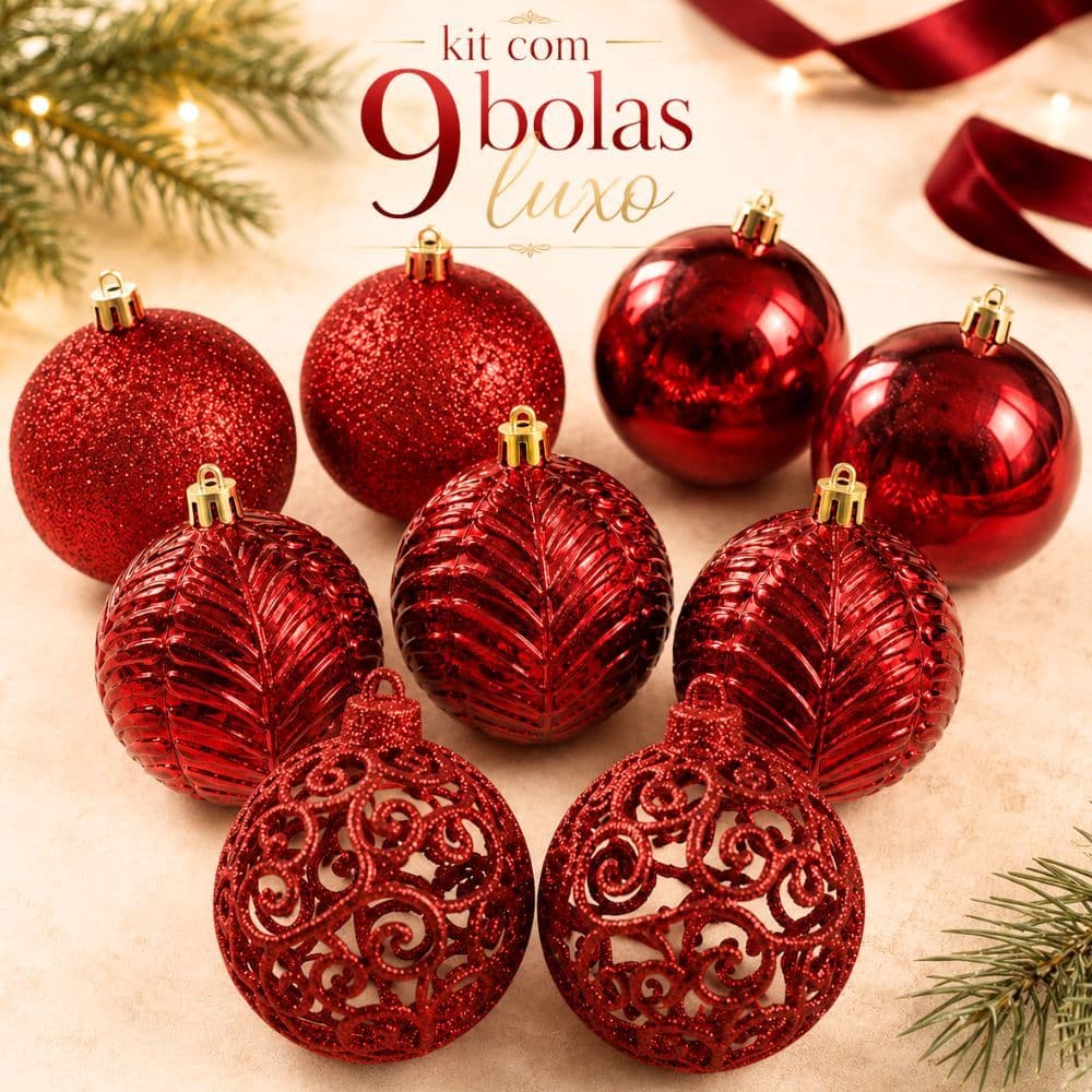 Kit 9 Bolas de Natal Vermelhas 6cm Enfeites para Árvore Decoração Luxo