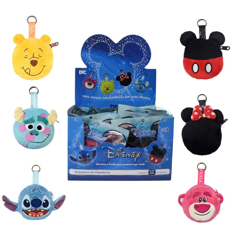 Chaveiro Disney Pelúcia Fluffly Com Ziper Mini Acessorio Sulley Lotso Mickey Stitch Oficial DAC