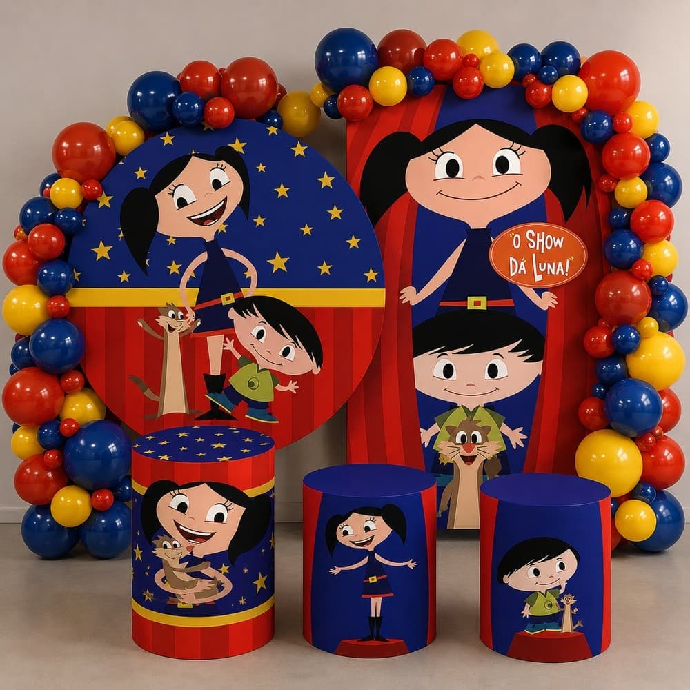 Painel de Festa Capa Redondo e Retangular Com Trio de Cilindro Decoração Infantil Luna Incrivel Show