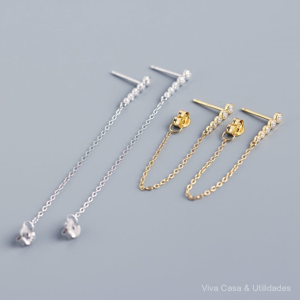⭐ YHE0239 Brincos longos estilo japonês e coreano em prata esterlina S925 com uma fileira de diamantes e franjas, brinco