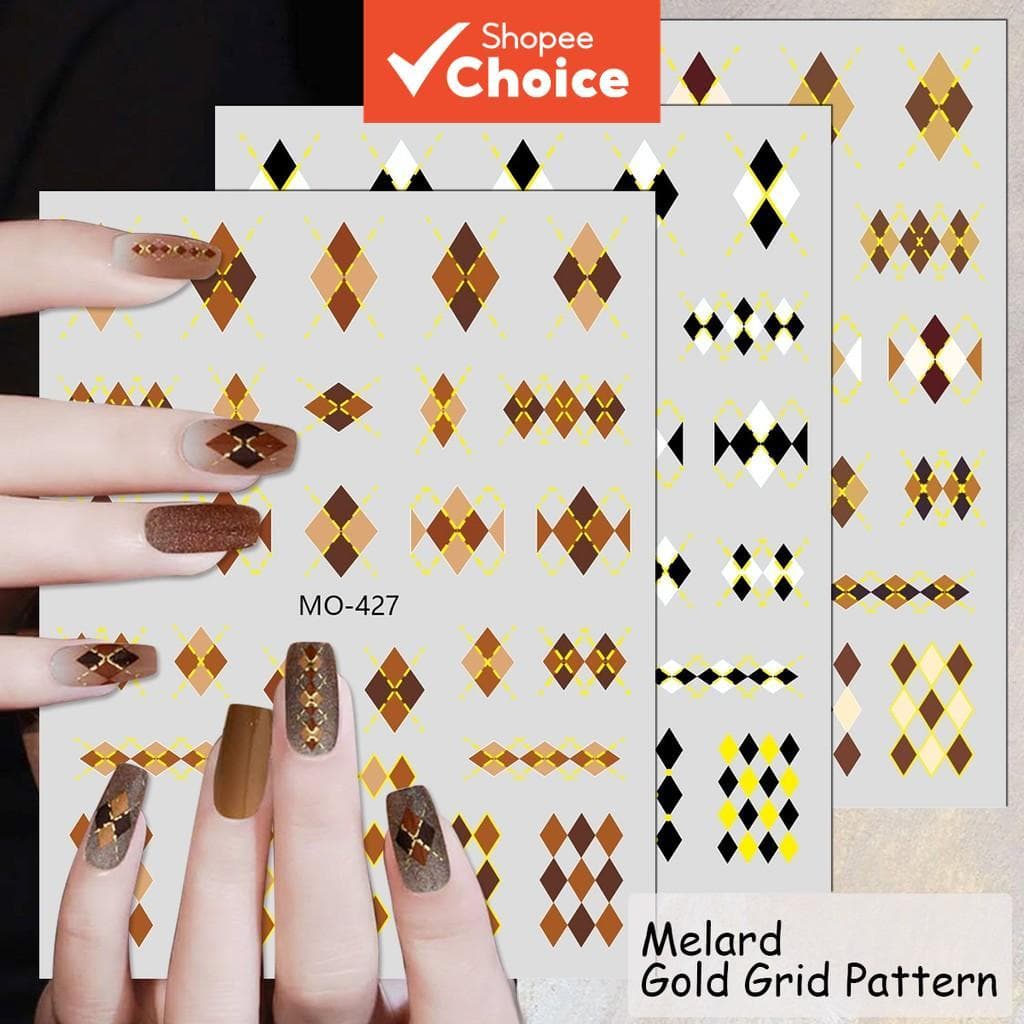 3/6/12 Folhas Adesivos de Unha Xadrez 5D Argyle Marrom Preto Diamante Ouro Autoadesivos Arte de Unhas Outono