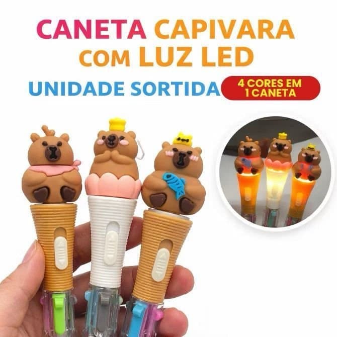 Caneta de Capivara Luz 4 Cores Preta, Azul, Vermelha, Verde Caneta Esferográfica Caneta com Led Papelaria Fofa