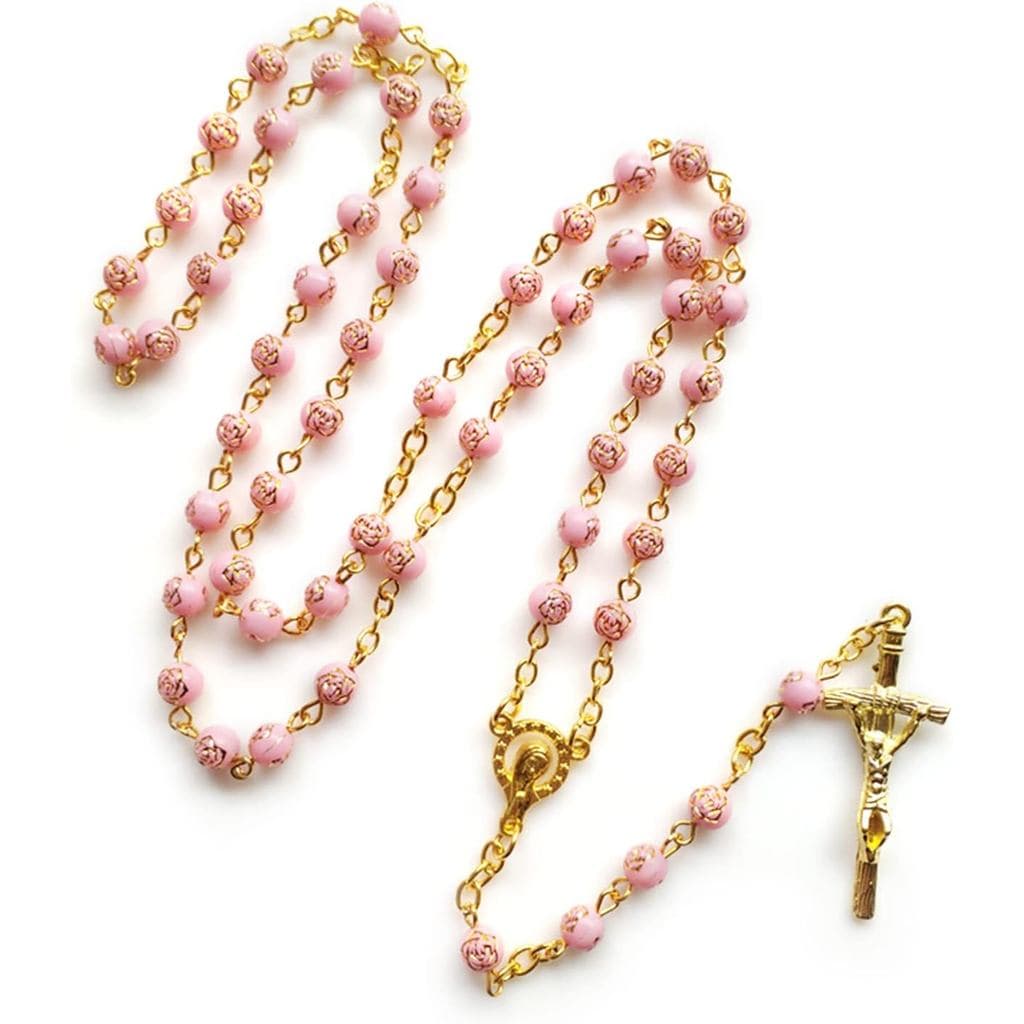 Colar de Rosário com Pérolas de 6mm e Crucifixo para Colar com Pingente Pr QFM5