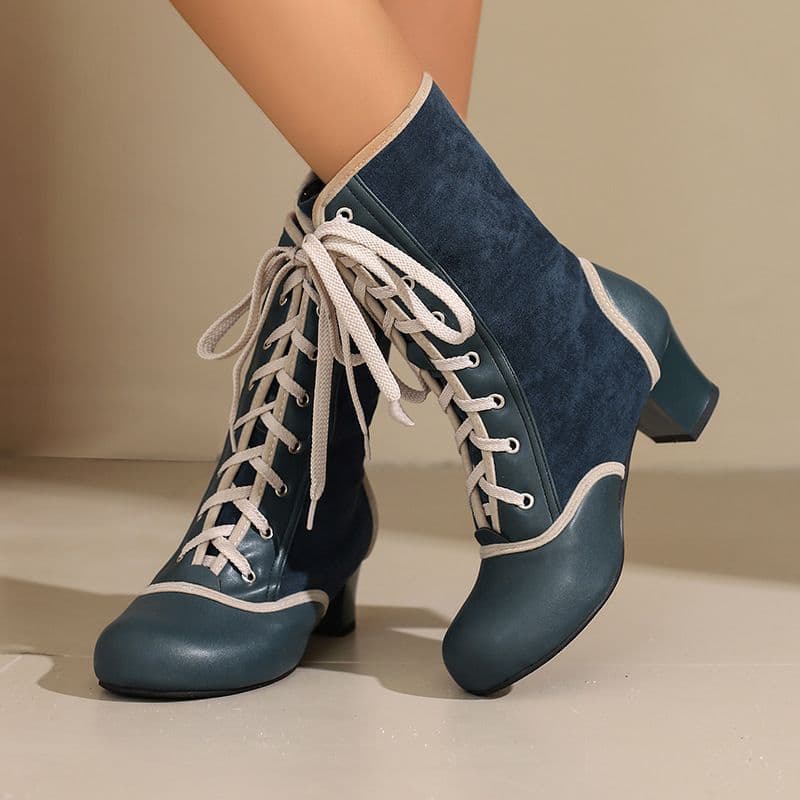 2024 novo estilo 40-48 botas femininas de tamanho grande outono inverno cor-bloqueio cruz rendas botas curtas de salto m