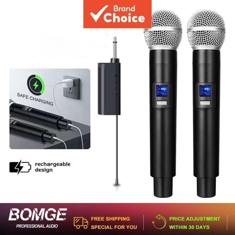BOMGE Sistema de Microfone de Mão Duplo Sem Fio, Alcance de 60 Metros, Microfone de Áudio Recarregável