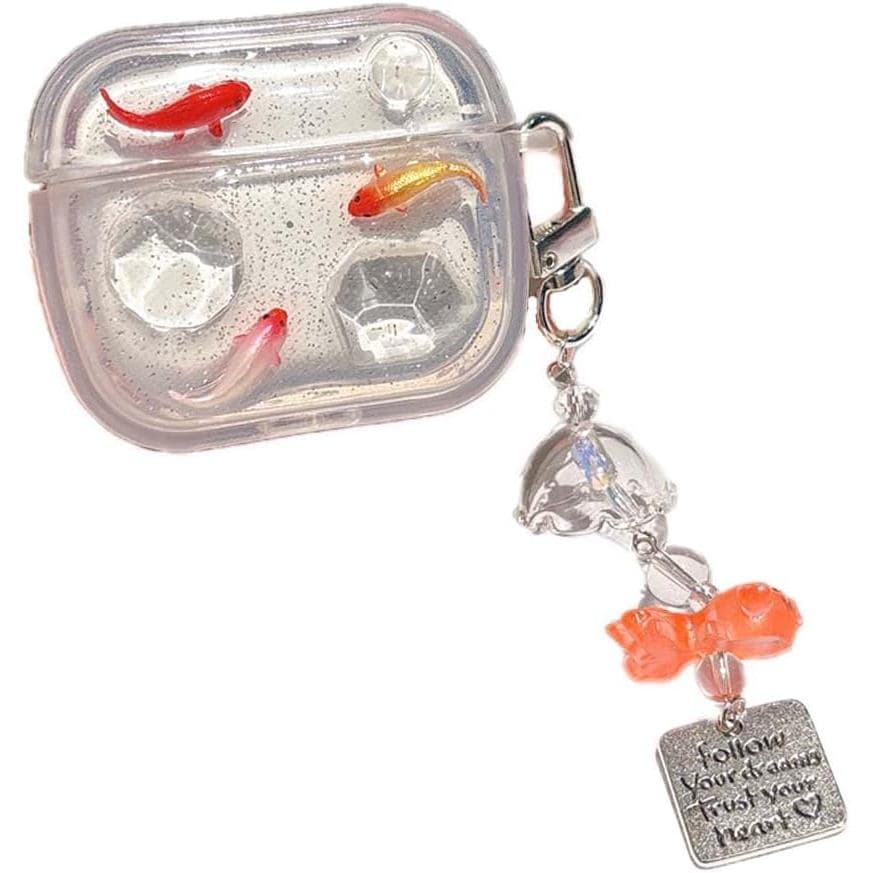 Capa para AirPods 4 com Pingente, à Prova de Choque, Transparente, Design Fofo com Padrão de Peixe Koi 3D, para Fones de
