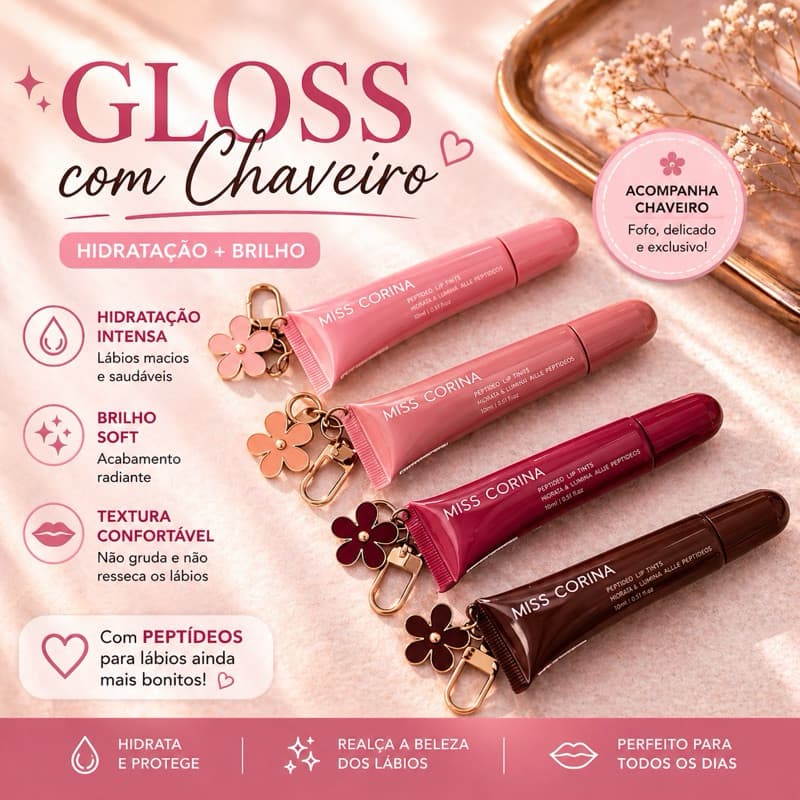 Gloss Labial com Peptídeos Miss Corina com Chaveiro - Hidratação Intensa e Brilho Soft