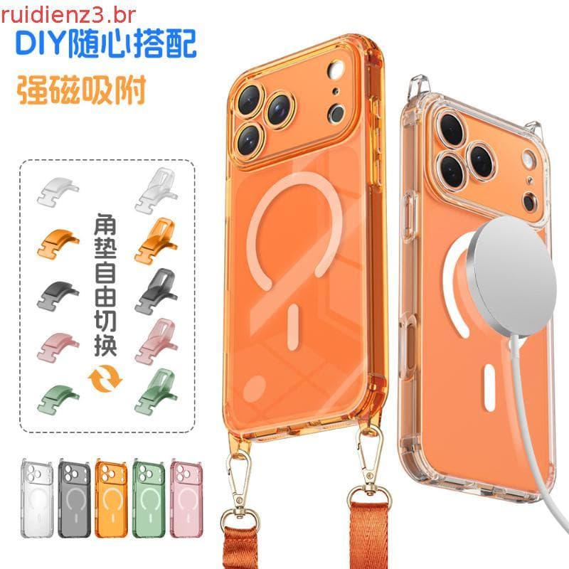 Compatível com iP17pm, capa magnética para celular com cordão destacável de quatro cantos, capa transparente espessa par