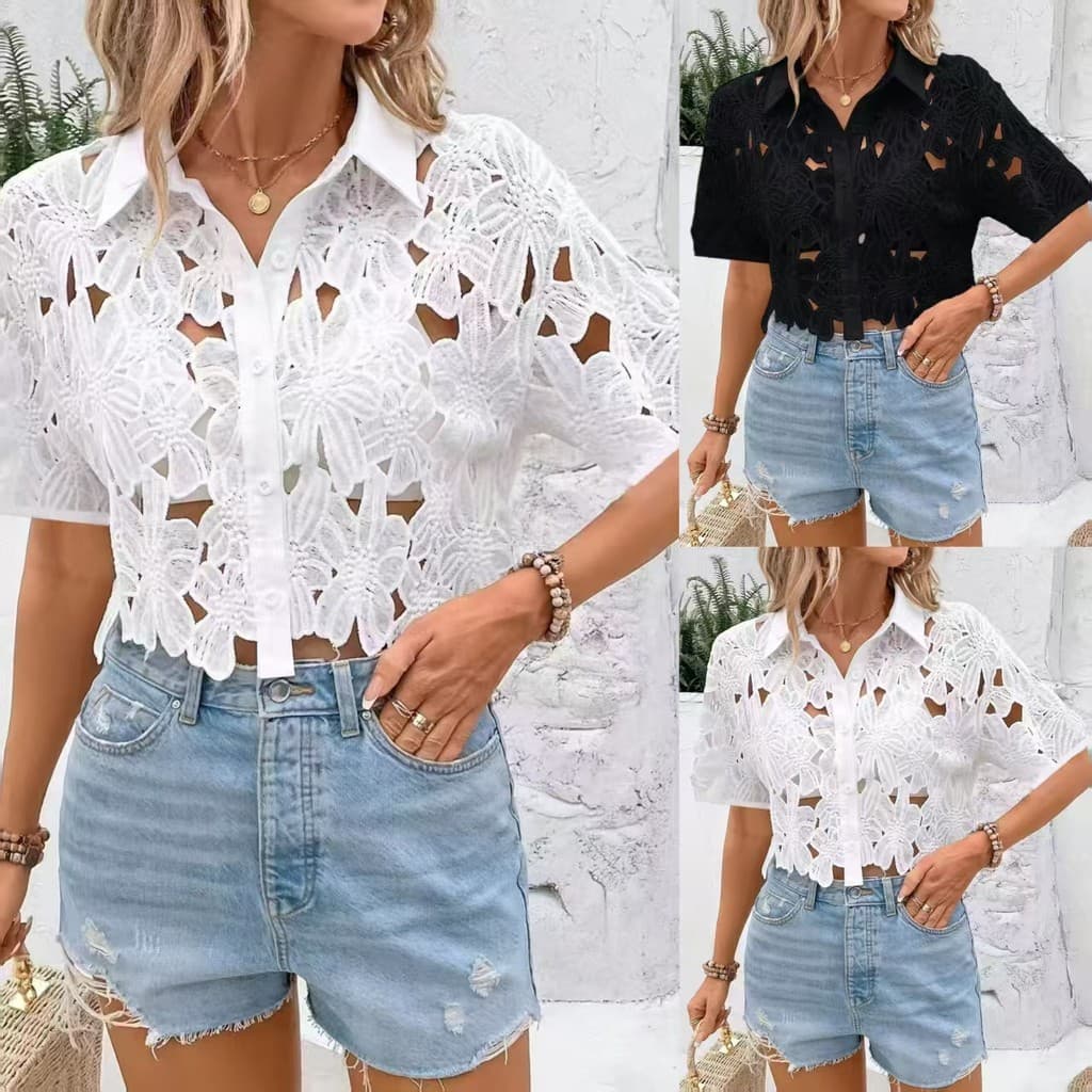 Camisa feminina europeia americana com renda Fashion All-Match