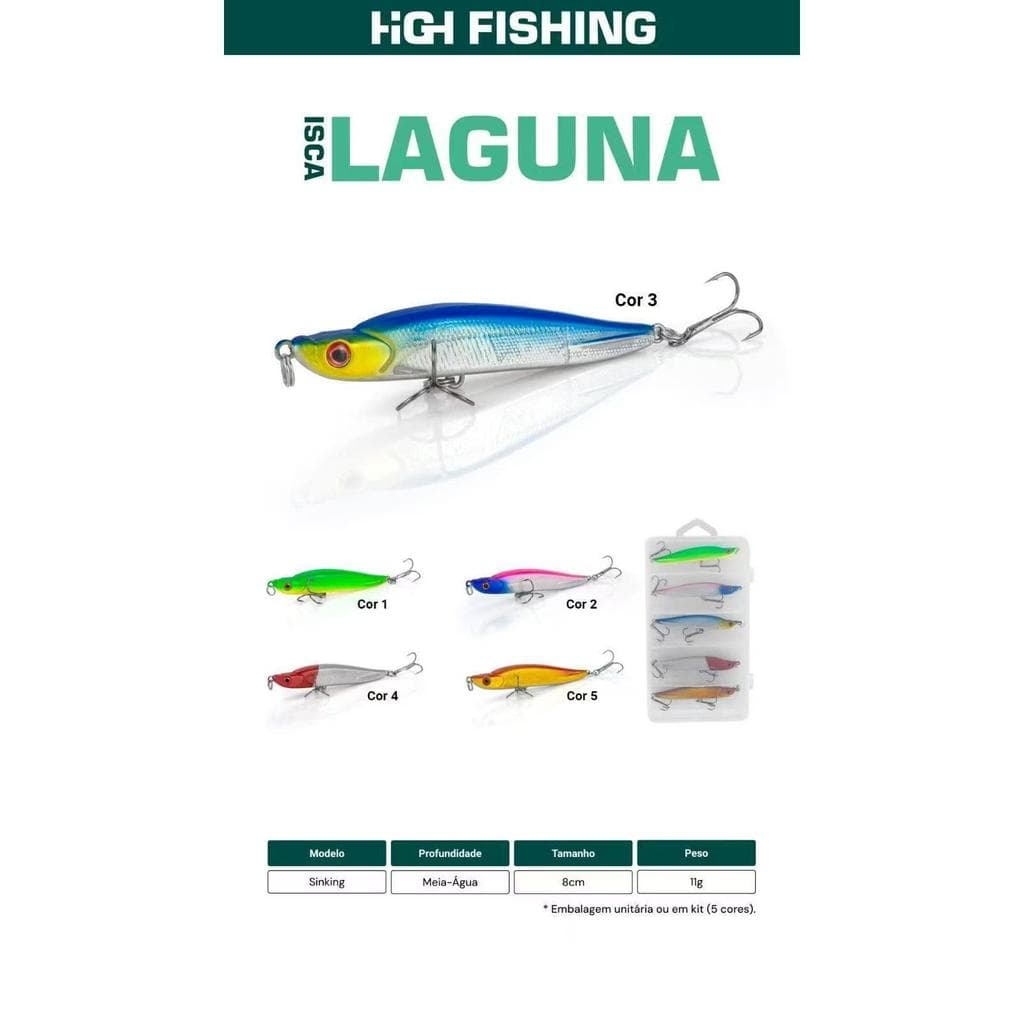 KIT5--Isca Artificial Laguna 11g — Pega Tudo!  8cm | Afunda | Meia-Água | 5 Cores Profissionais